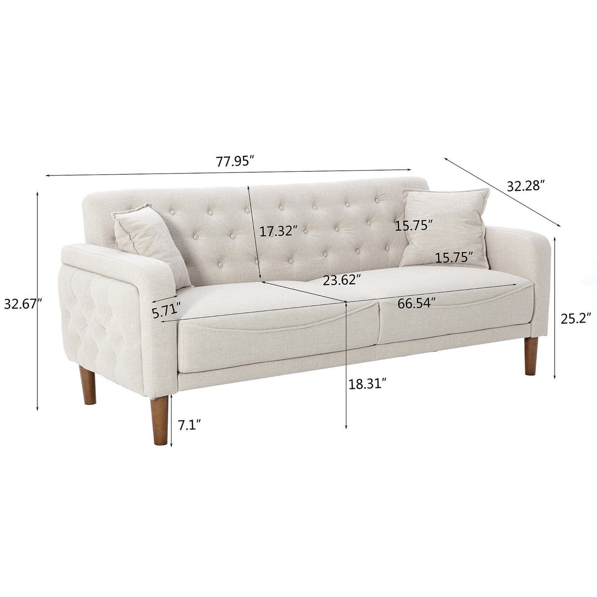 Square Arm Mid-Century Modern Tufted Sofa with Pillows
