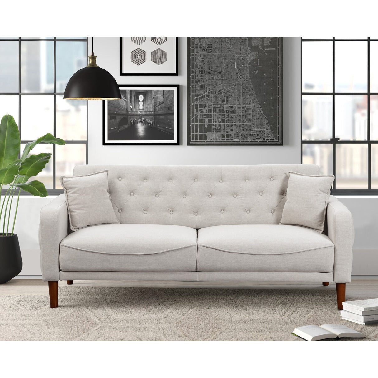 Square Arm Mid-Century Modern Tufted Sofa with Pillows