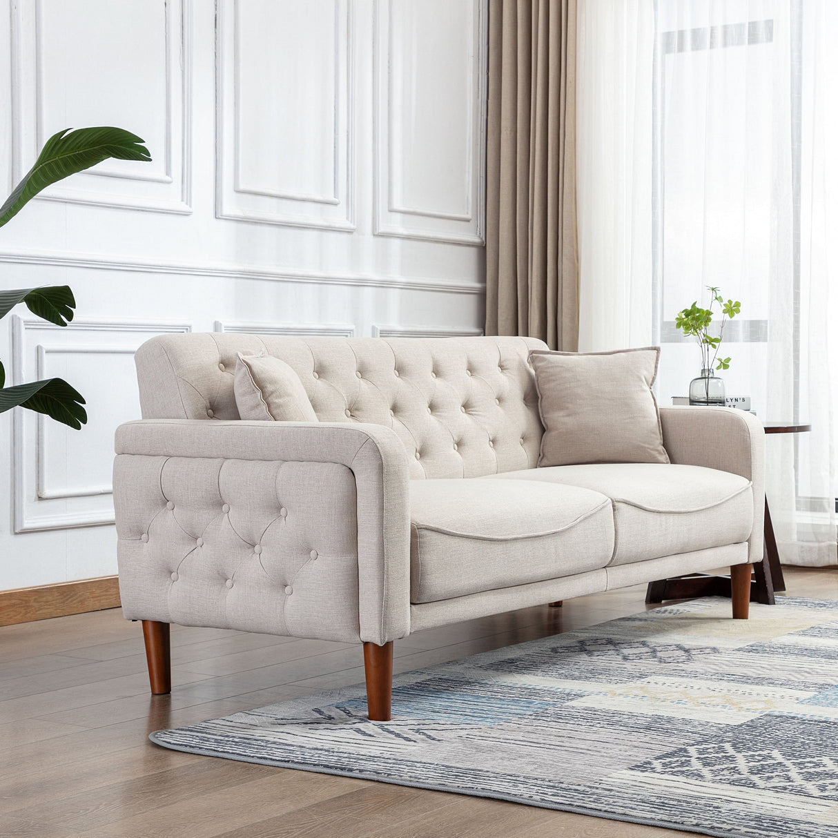 Square Arm Mid-Century Modern Tufted Sofa with Pillows