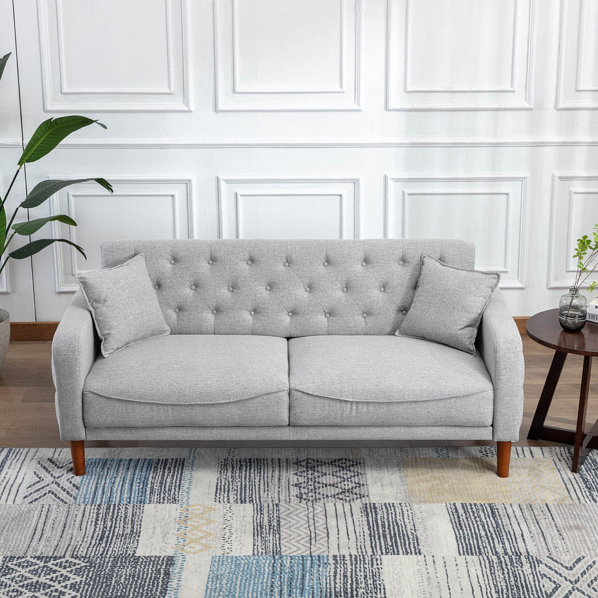 Square Arm Mid-Century Modern Tufted Sofa with Pillows