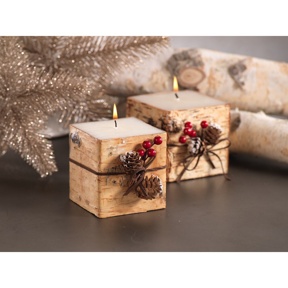 Square Birchwood Candle with Pine Cone Trim (Set of 3)