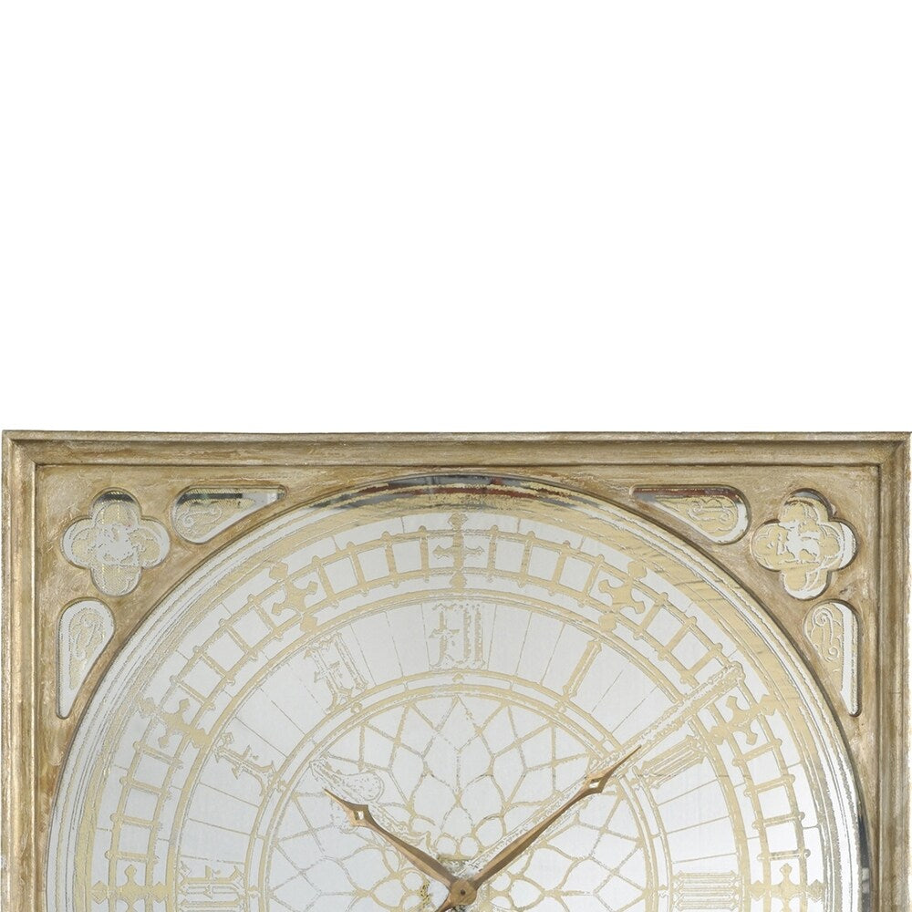 Square Oversized Wooden Wall Clock with Glass Inlay, Gold and Clear
