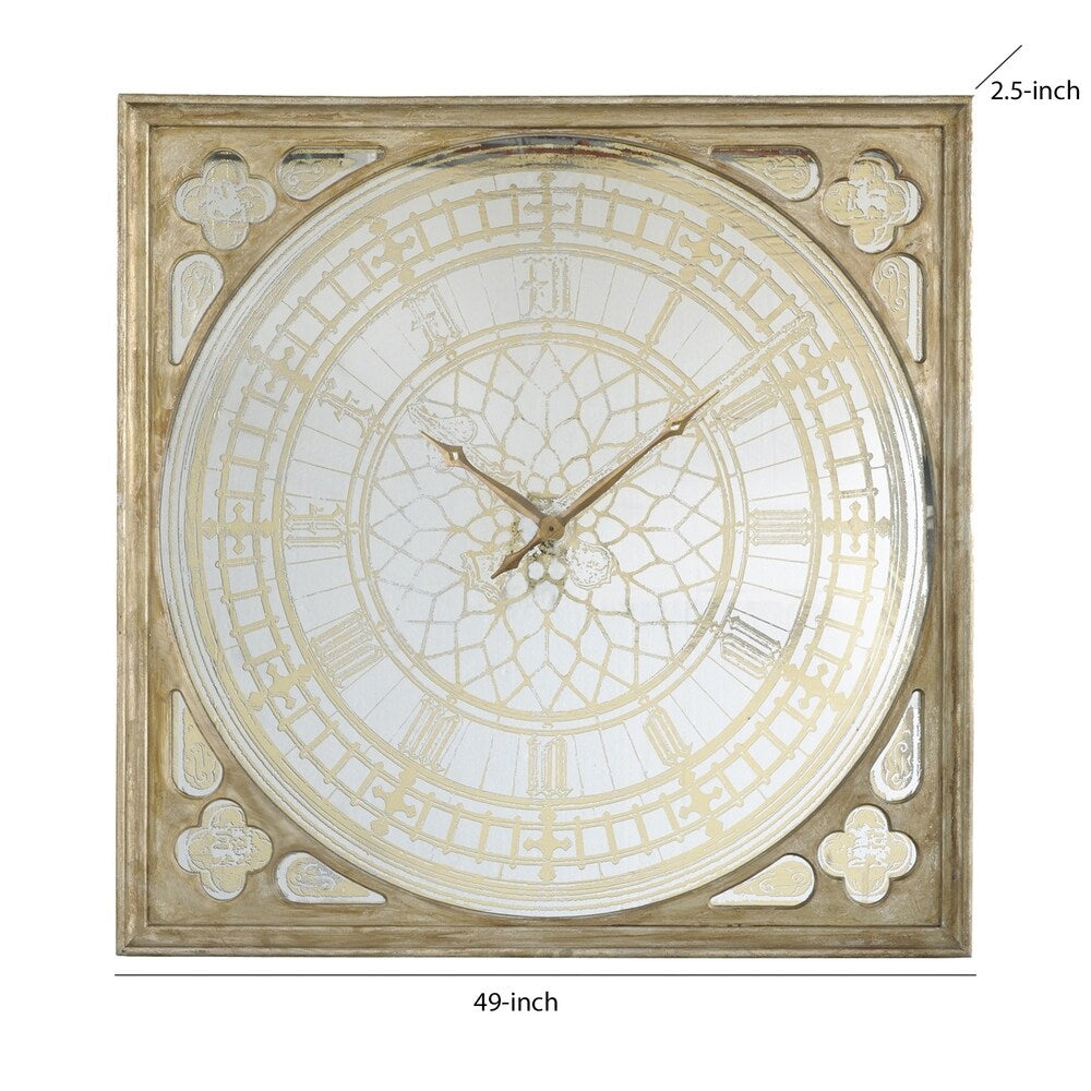 Square Oversized Wooden Wall Clock with Glass Inlay, Gold and Clear