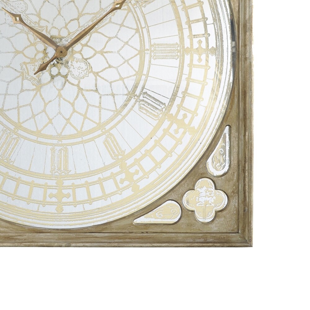 Square Oversized Wooden Wall Clock with Glass Inlay, Gold and Clear