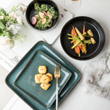 Square Stoneware 16pc Double Bowl Dinnerware Set for 4, Dinner Plates, Side Plates, Cereal Bowls, Pasta Bowls