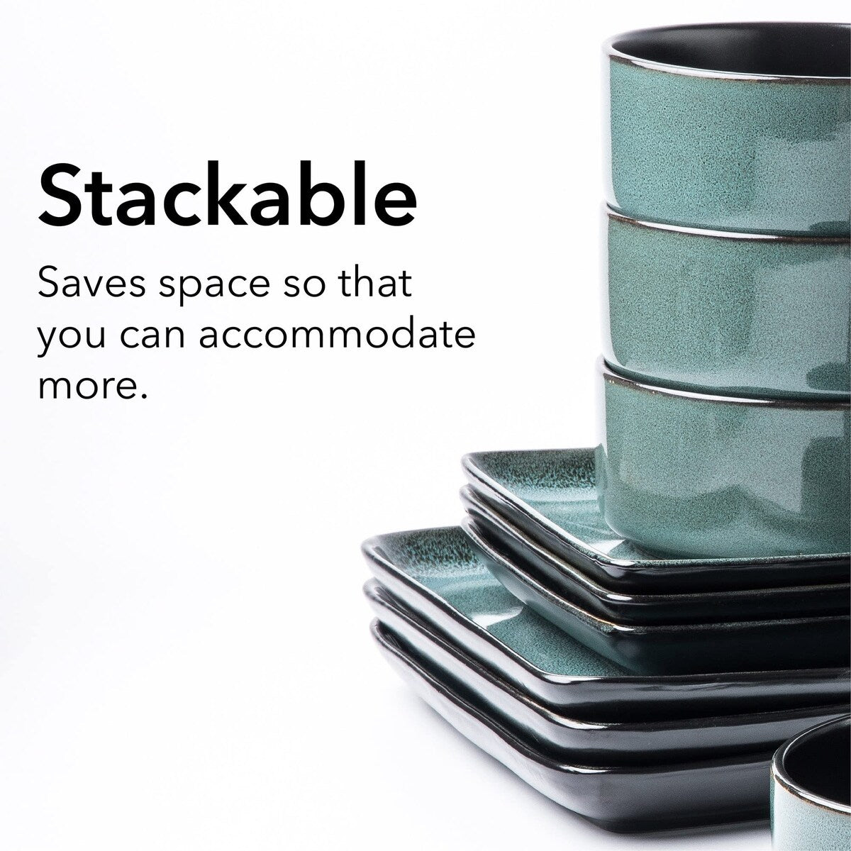 Square Stoneware 16pc Double Bowl Dinnerware Set for 4, Dinner Plates, Side Plates, Cereal Bowls, Pasta Bowls