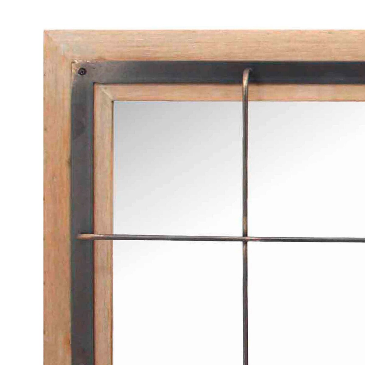 Square Wooden Frame Mirror with Metal Grid Design, Brown