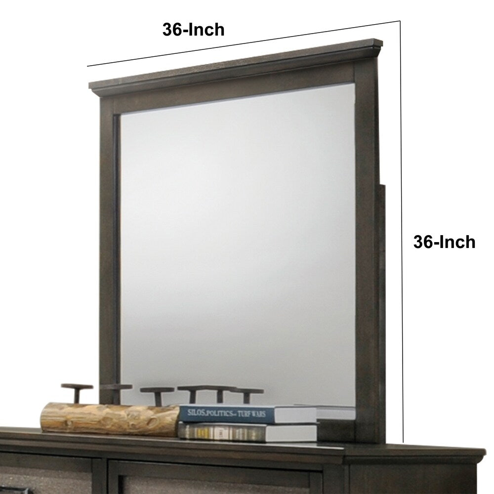 Square Wooden Frame Mirror with Raised Moulded Top, Brown and Silver