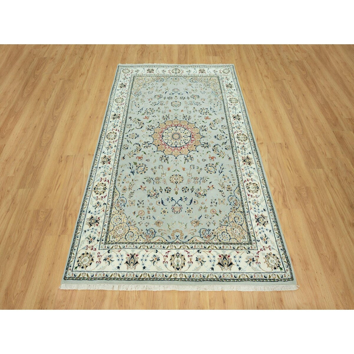 Squirrel Gray, Nain with Center Medallion Flower Design, Hand Knotted, Soft Wool, Oriental Rug 5'1"x8'2" - 5'1" x 8'2"