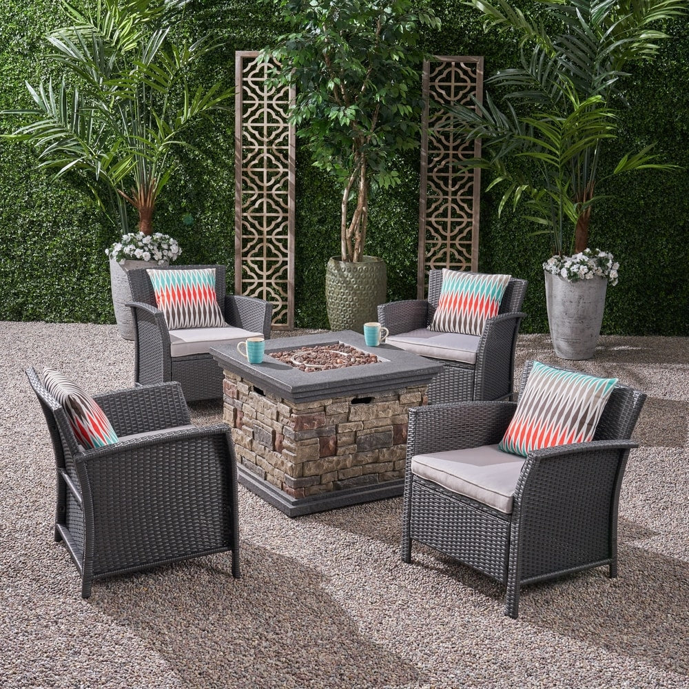 St. Lucia Outdoor 4 Piece Wicker Chat Set with Fire Pit by Christopher Knight Home