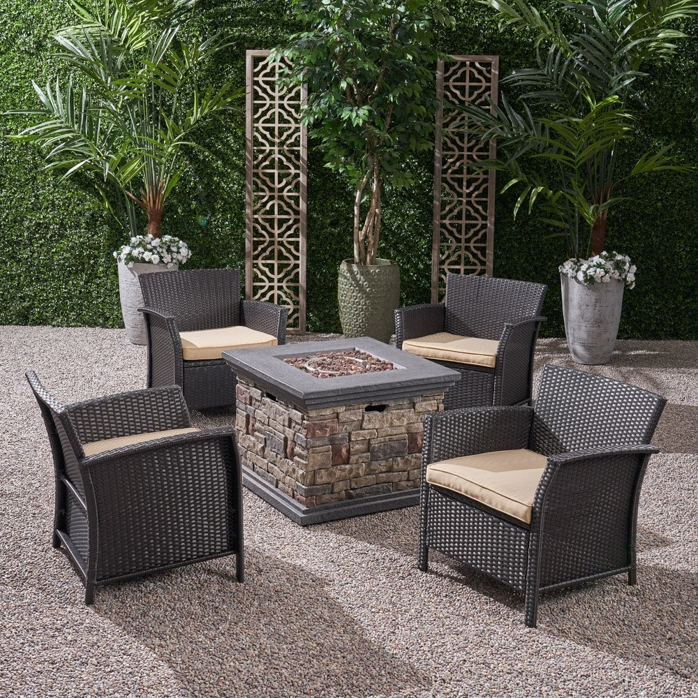 St. Lucia Outdoor 4 Piece Wicker Chat Set with Fire Pit by Christopher Knight Home