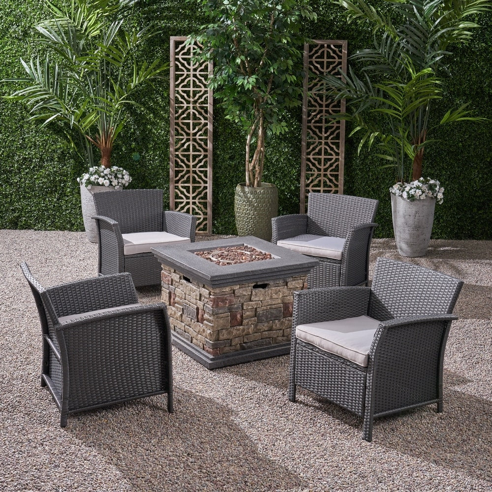 St. Lucia Outdoor 4 Piece Wicker Chat Set with Fire Pit by Christopher Knight Home