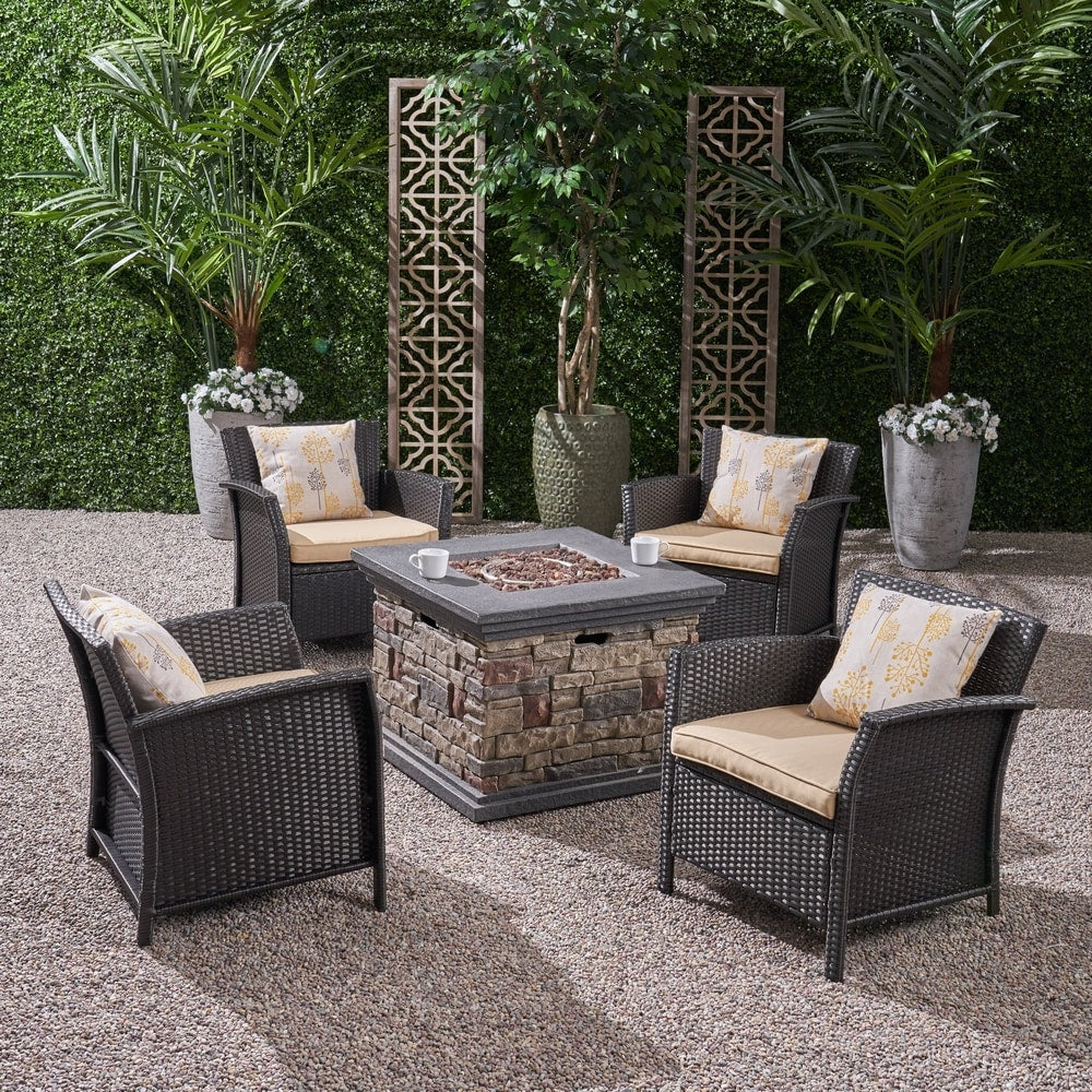 St. Lucia Outdoor 4 Piece Wicker Chat Set with Fire Pit by Christopher Knight Home