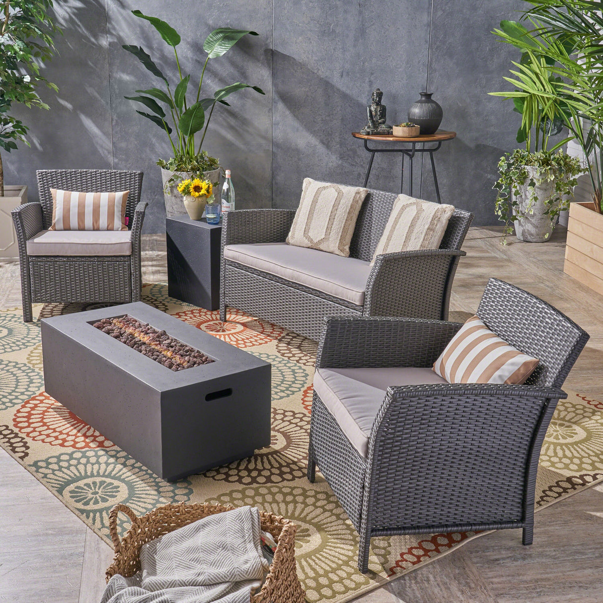 St. Lucia Outdoor 4 Seater Wicker Chat Set with Fire Pit by Christopher Knight Home