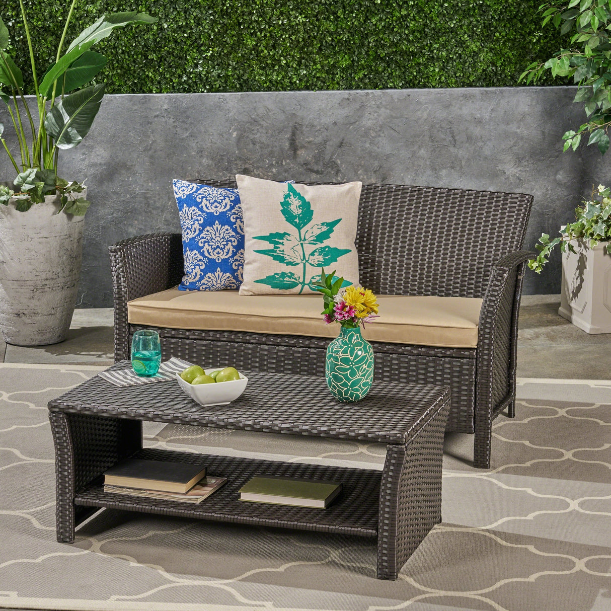 St. Lucia Outdoor Wicker Loveseat with Coffee Table by Christopher Knight Home