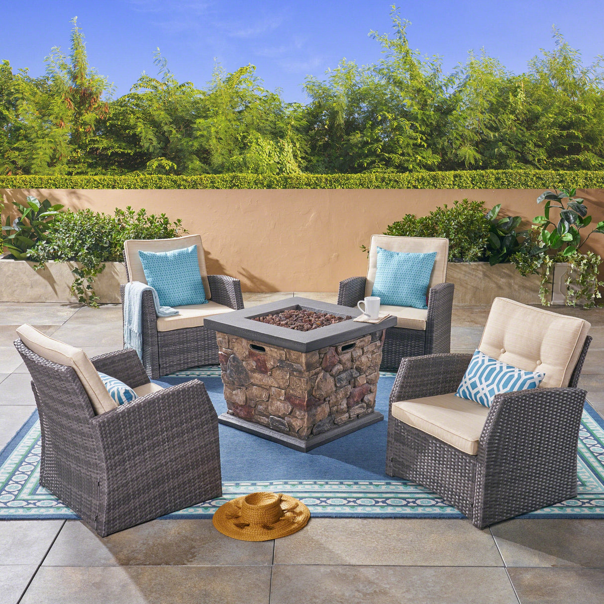 St. Marta Conversation Set with Fire Pit Cushioned Wicker Club Chairs(Set of 4) by Christopher Knight Home