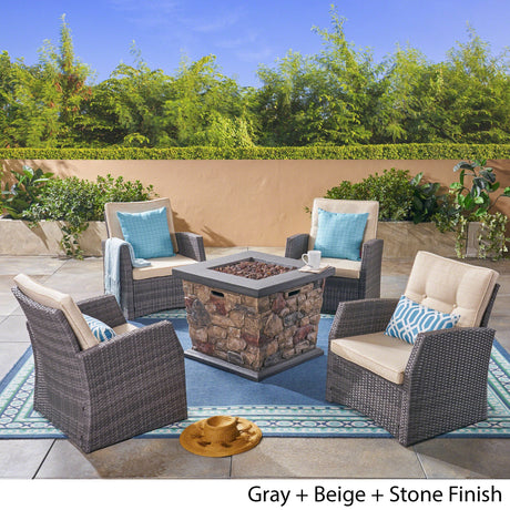 St. Marta Conversation Set with Fire Pit Cushioned Wicker Club Chairs(Set of 4) by Christopher Knight Home