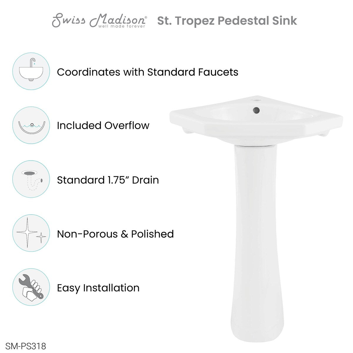 St.Tropez Corner Two-Piece Pedestal Sink - 22.25" x 15.75" 33.65"