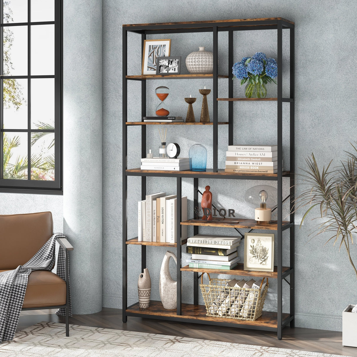 Staggered Bookcase, Modern Open Book Shelves , Wide Wood Etagere Shelving Unit Display Storage Shelf for Living Room