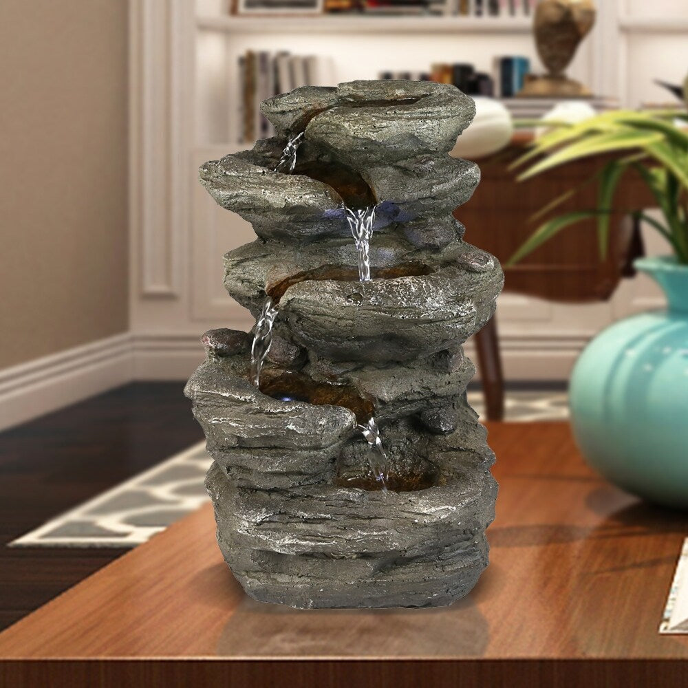 Staggered Rock Cascading Fountain Tabletop Water Fountain w/LED Lights