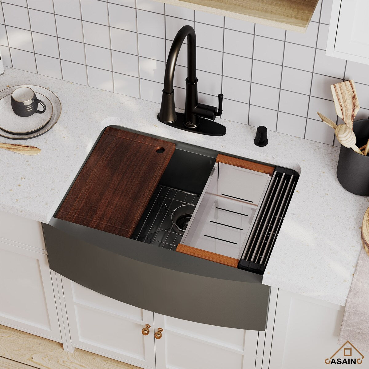 Stainless Steel 16-Gauge Single Bowl Farmhouse Apron Workstation Kitchen Sink in Gunmetal Black with Accessories