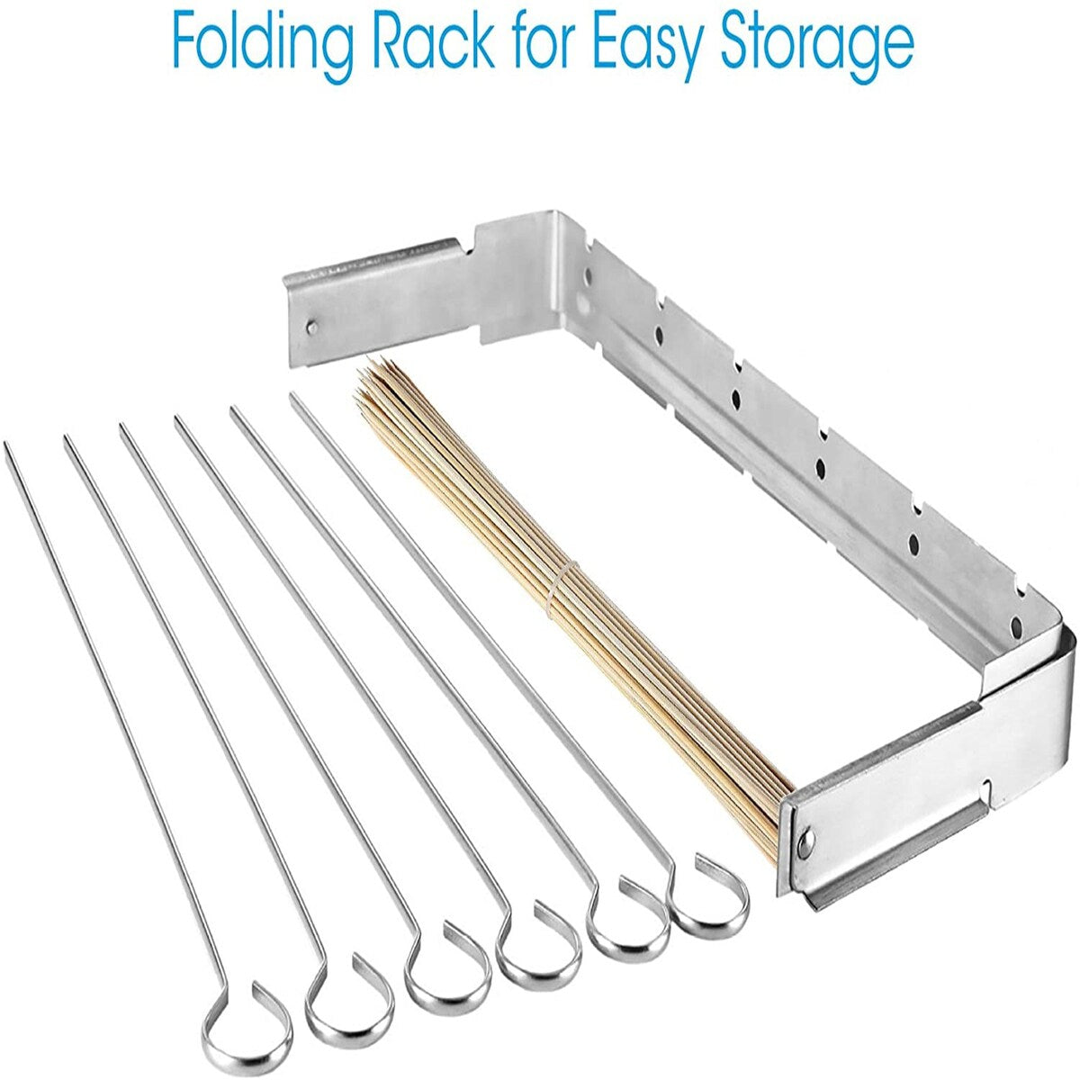 Stainless Steel Barbecue Skewer Shish Kabob Set,6pcs 13" L Skewer and FoldableGrill Rack Set,Bonus of 50pcs12.5"L Bamboo Skewers