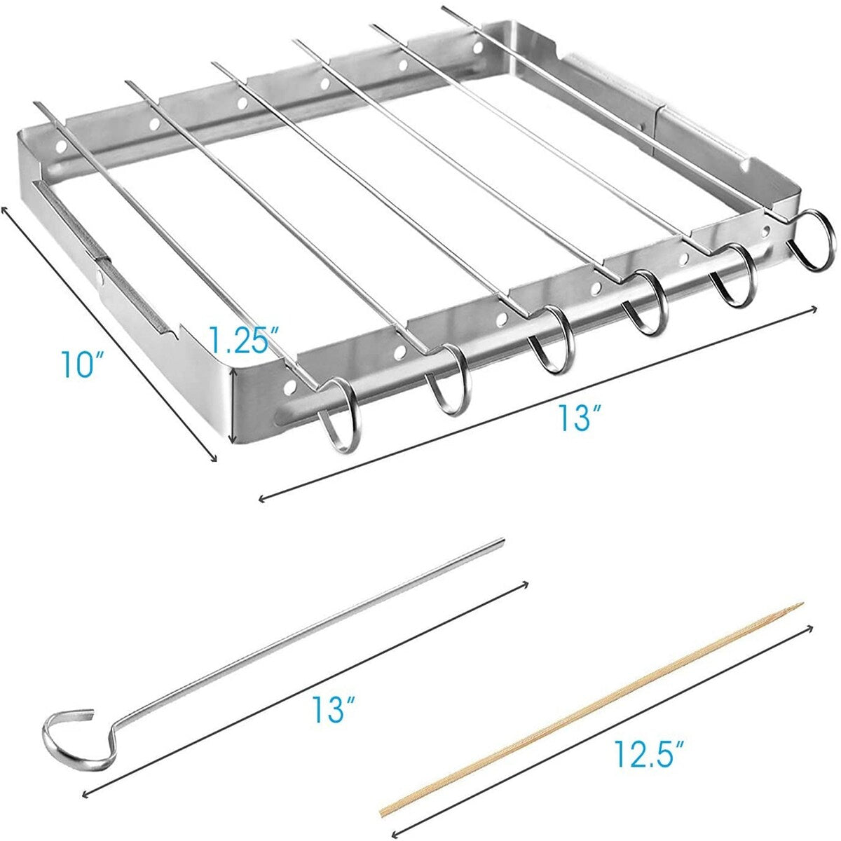Stainless Steel Barbecue Skewer Shish Kabob Set,6pcs 13" L Skewer and FoldableGrill Rack Set,Bonus of 50pcs12.5"L Bamboo Skewers