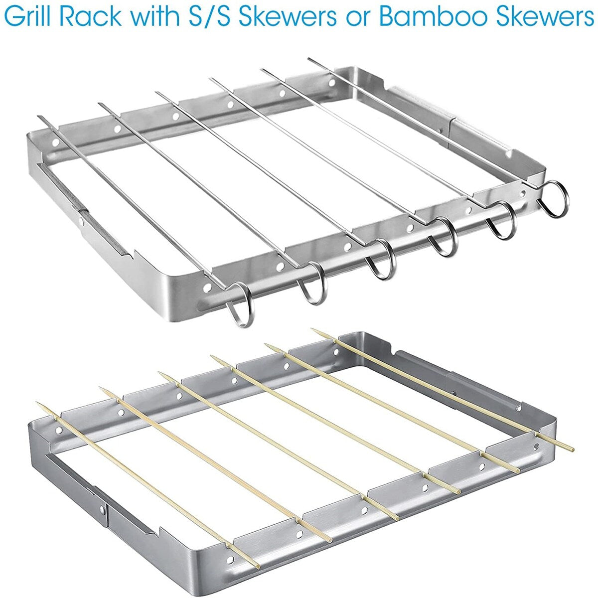 Stainless Steel Barbecue Skewer Shish Kabob Set,6pcs 13" L Skewer and FoldableGrill Rack Set,Bonus of 50pcs12.5"L Bamboo Skewers