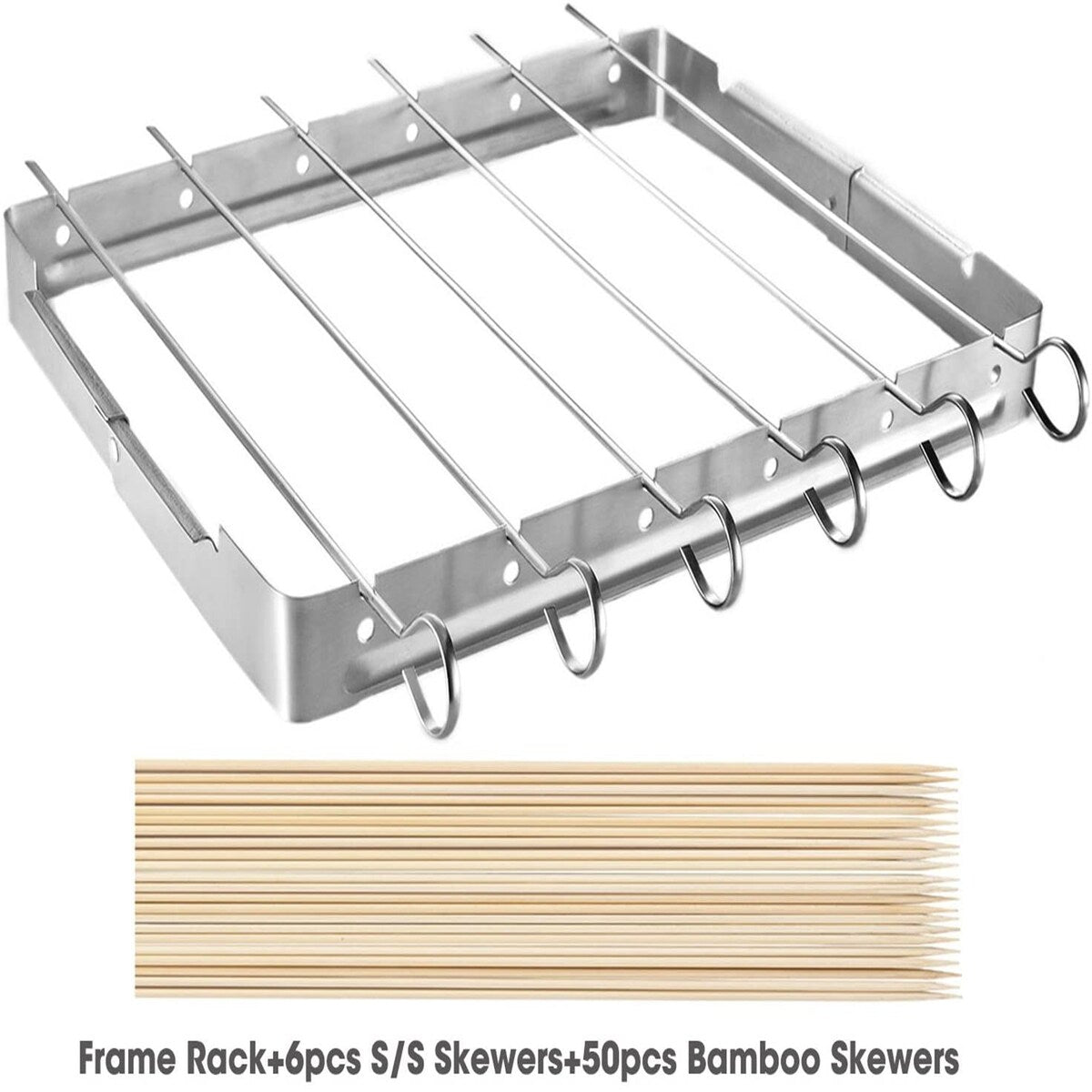 Stainless Steel Barbecue Skewer Shish Kabob Set,6pcs 13" L Skewer and FoldableGrill Rack Set,Bonus of 50pcs12.5"L Bamboo Skewers