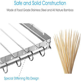 Stainless Steel Barbecue Skewer Shish Kabob Set,6pcs 13" L Skewer and FoldableGrill Rack Set,Bonus of 50pcs12.5"L Bamboo Skewers