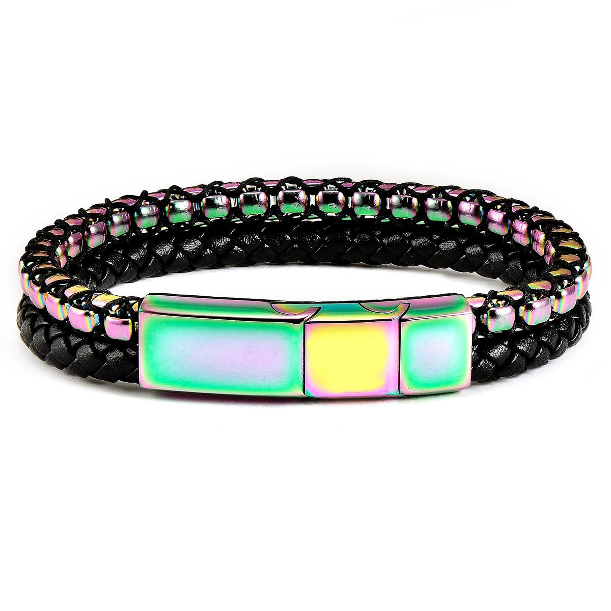 Stainless Steel Box Chain and Leather Bracelet (12mm) - 8" + 0.5" Ext.
