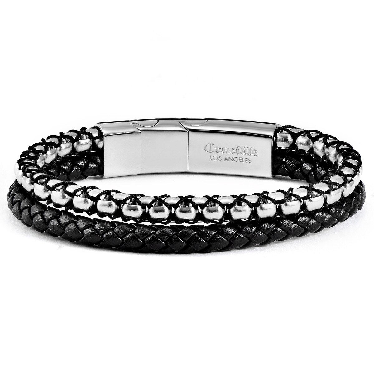 Stainless Steel Box Chain and Leather Bracelet (12mm) - 8" + 0.5" Ext.