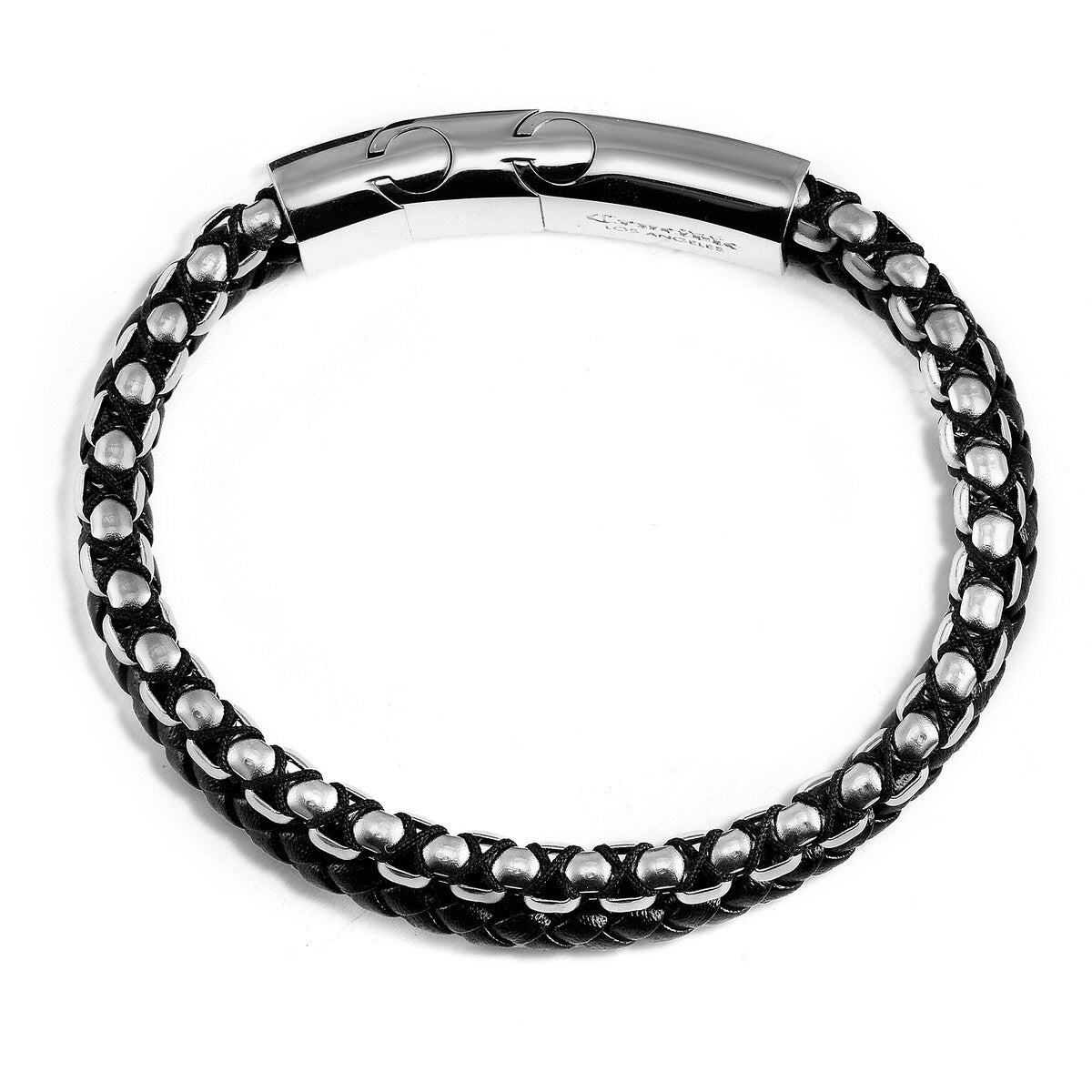 Stainless Steel Box Chain and Leather Bracelet (12mm) - 8" + 0.5" Ext.