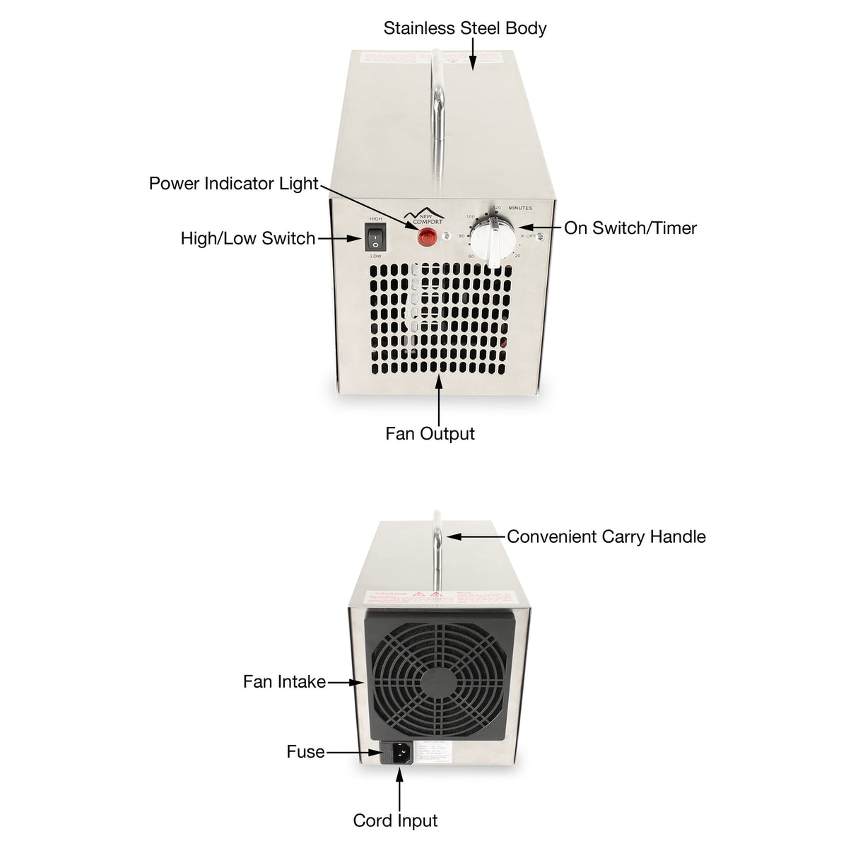 Stainless Steel Commercial Ozone Generator UV Air Purifier 6,000 to 12,000 mg/hr Industrial Stregnth - Silver