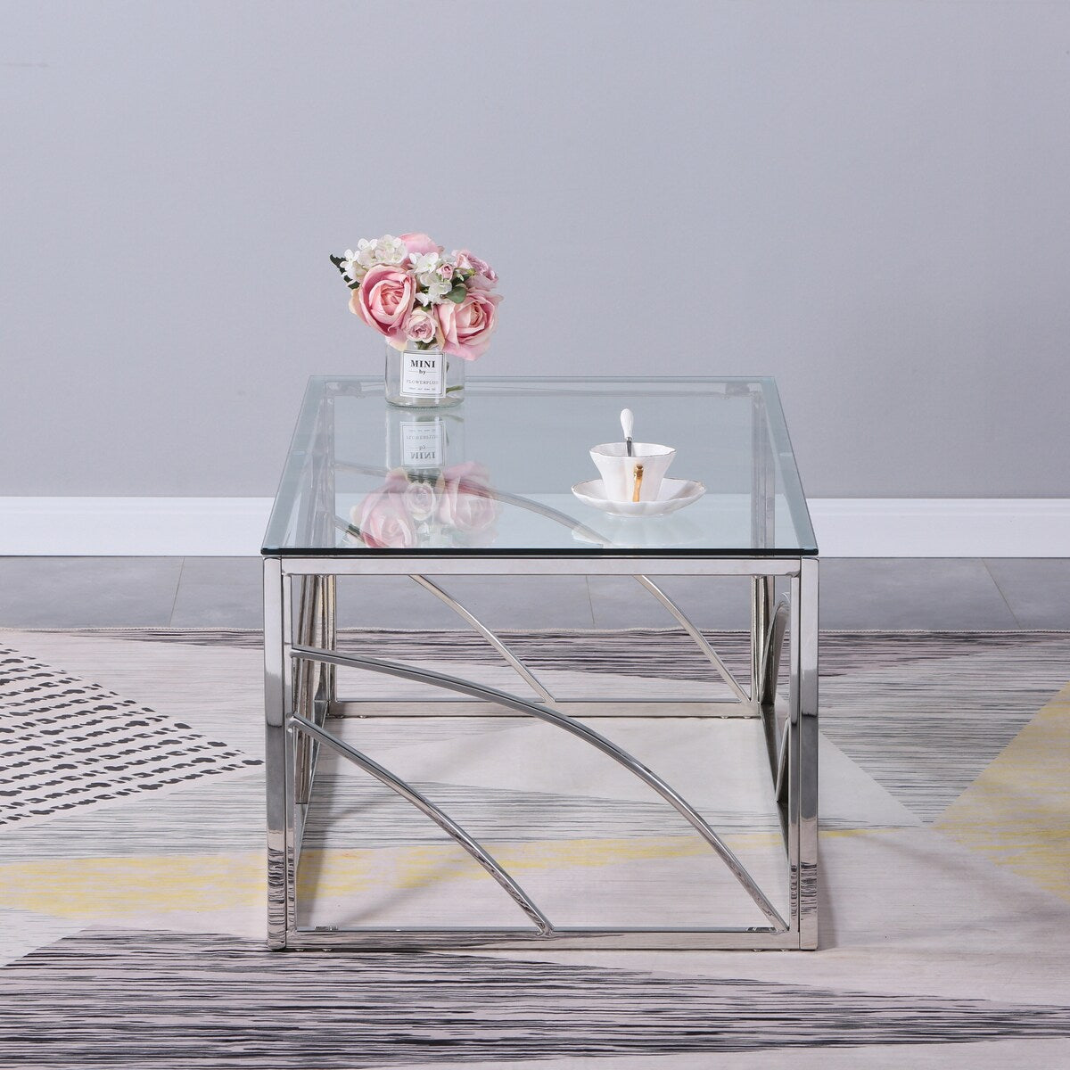 Stainless Steel Rectangular Glass Coffee Table for Living Room