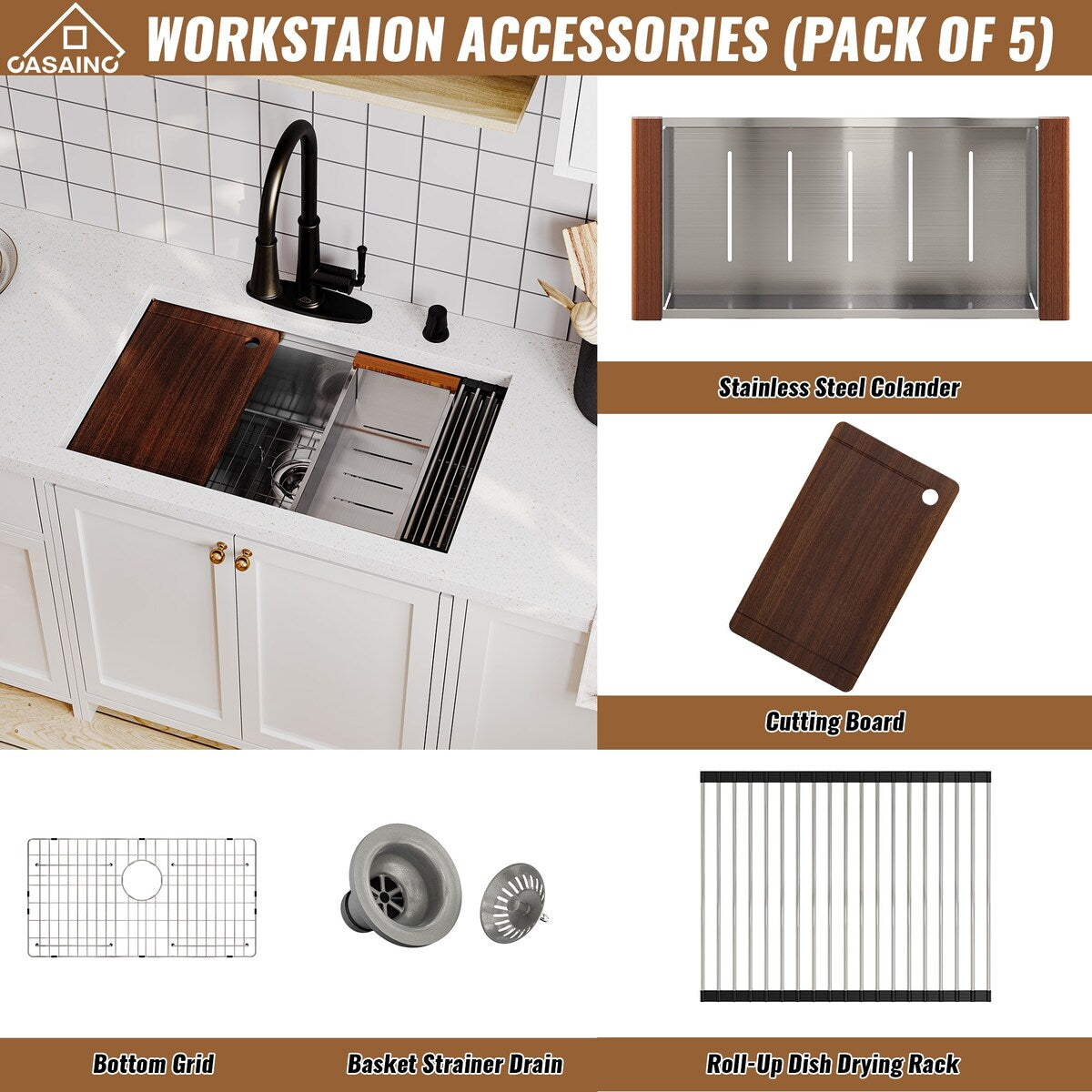 Stainless Steel Sink 16-Gauge Single Bowl Undermount Workstation Kitchen Sink with Accessories in Nano Brushed