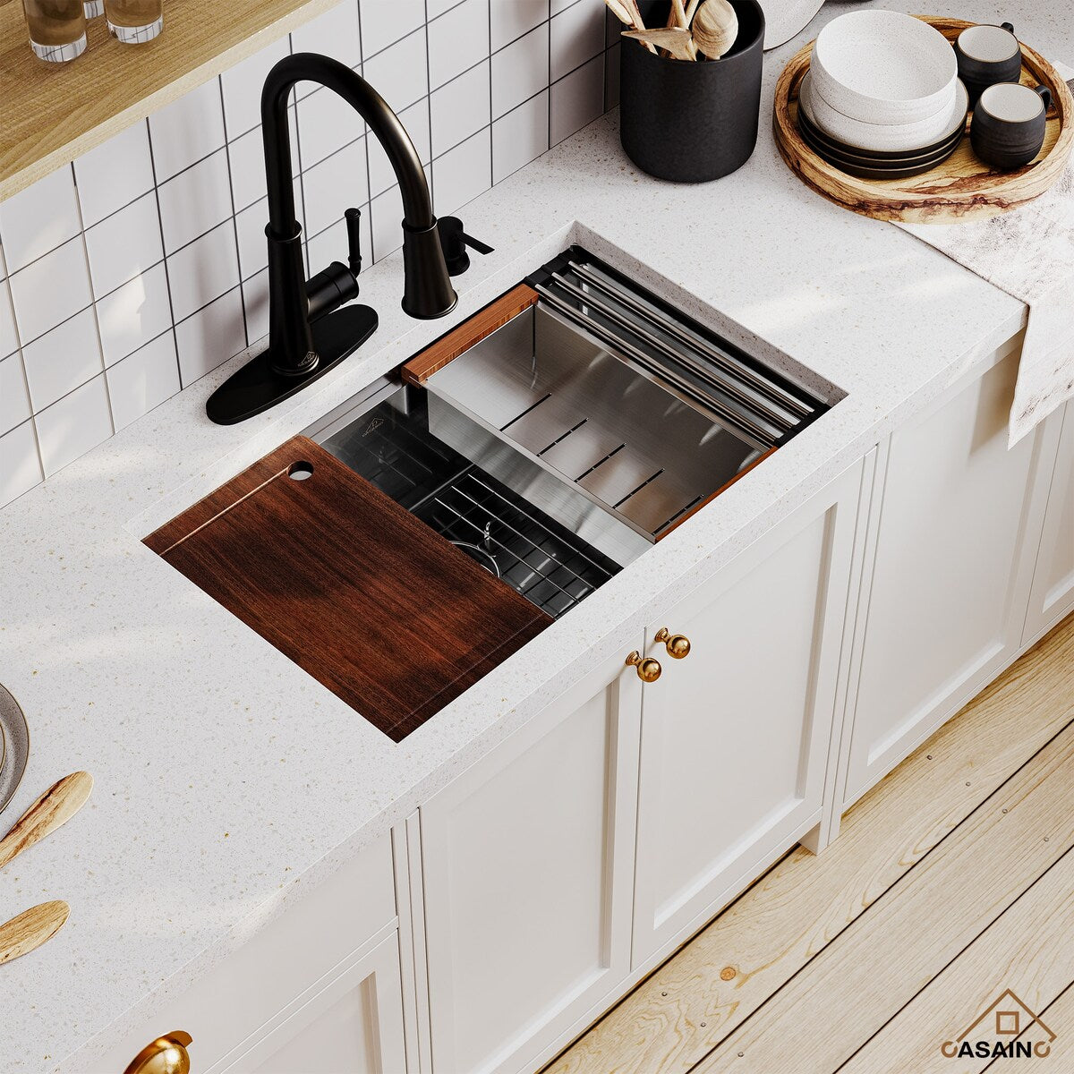 Stainless Steel Sink 16-Gauge Single Bowl Undermount Workstation Kitchen Sink with Accessories in Nano Brushed