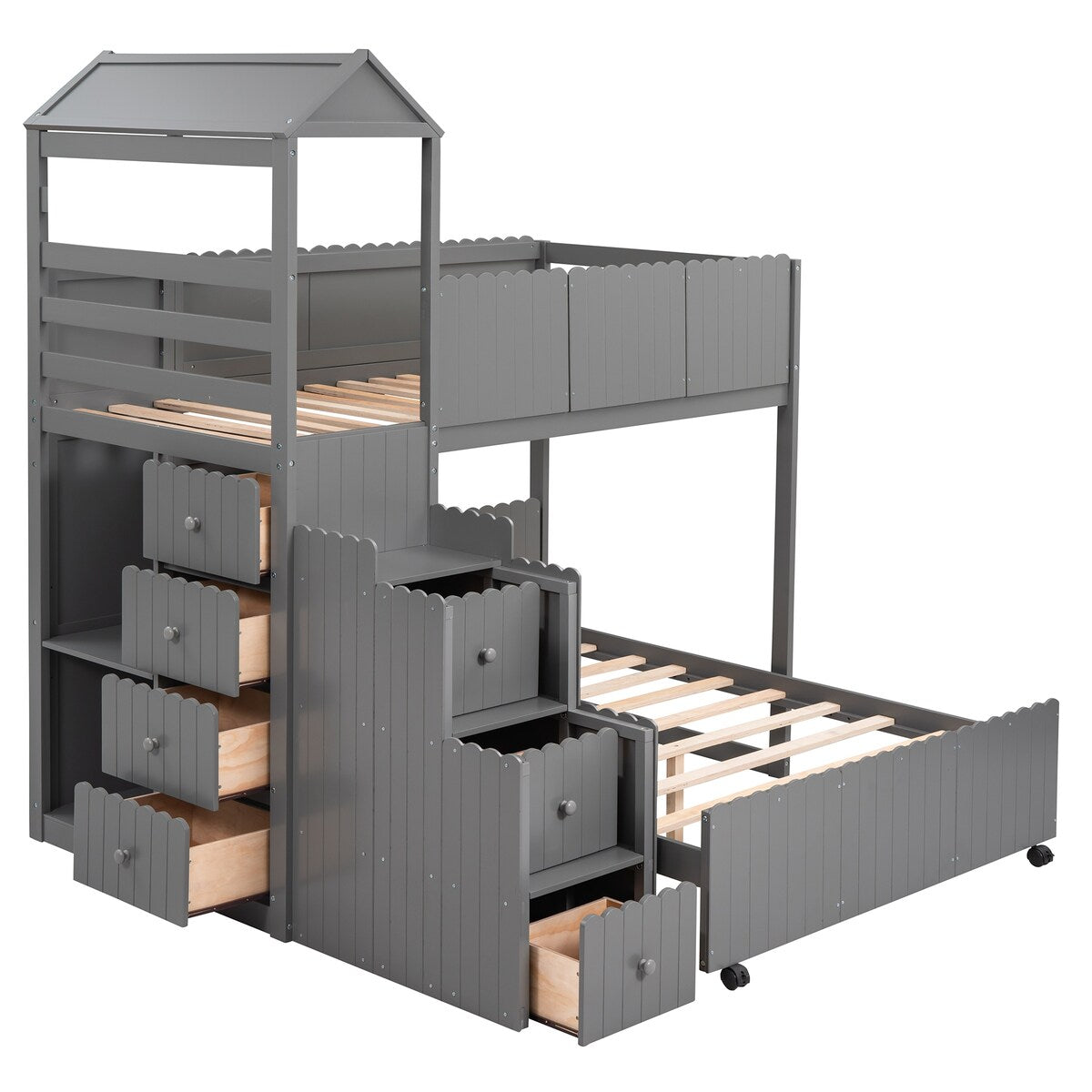 Stairway Bunk Bed, House Bed with Two Shelves and Seven Drawers