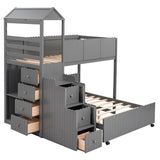 Stairway Bunk Bed, House Bed with Two Shelves and Seven Drawers