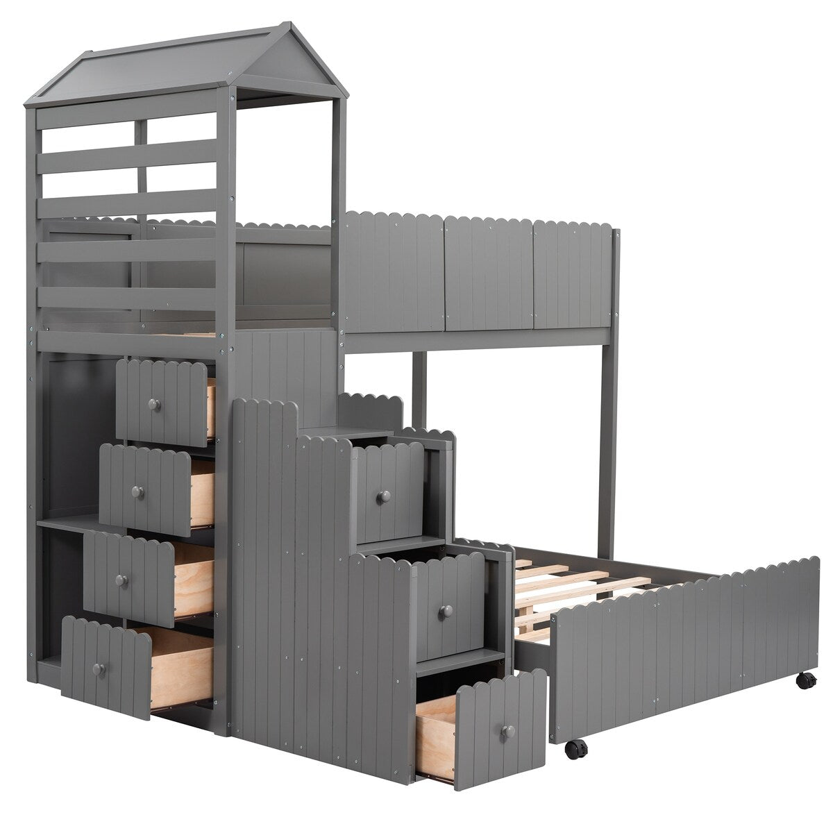 Stairway Bunk Bed, House Bed with Two Shelves and Seven Drawers