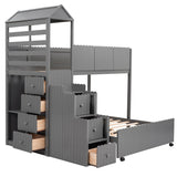 Stairway Bunk Bed, House Bed with Two Shelves and Seven Drawers