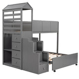 Stairway Bunk Bed, House Bed with Two Shelves and Seven Drawers