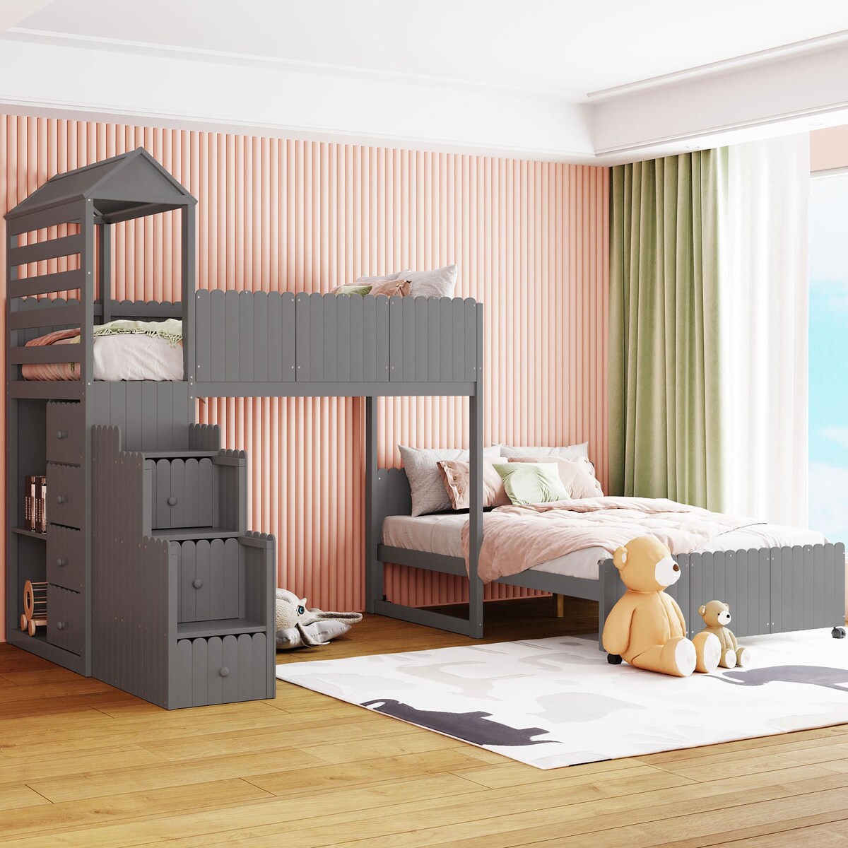 Stairway Bunk Bed, House Bed with Two Shelves and Seven Drawers