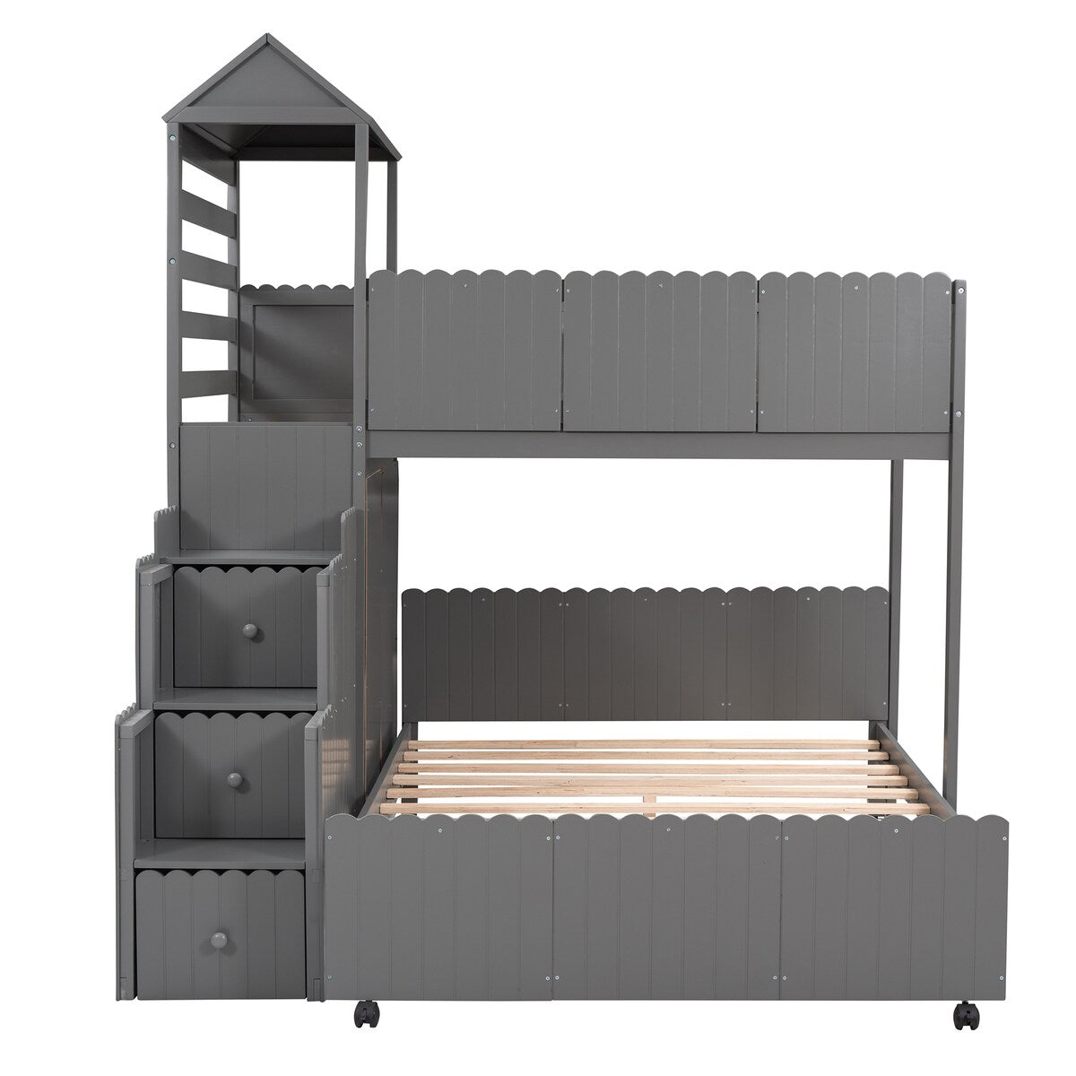 Stairway Bunk Bed, House Bed with Two Shelves and Seven Drawers