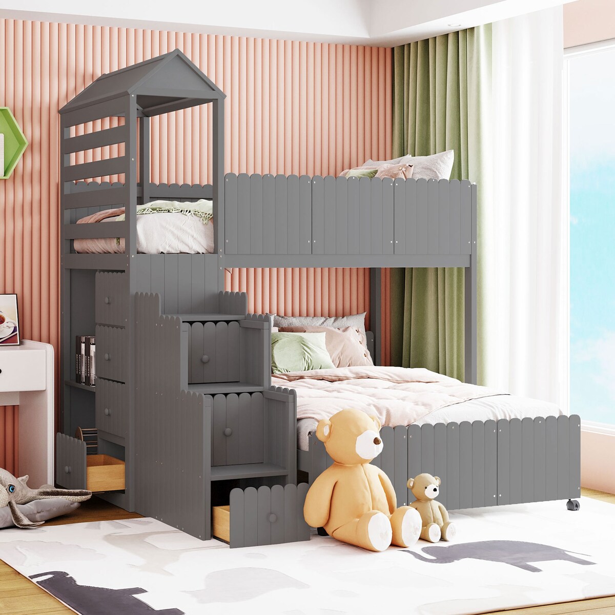Stairway Bunk Bed, House Bed with Two Shelves and Seven Drawers