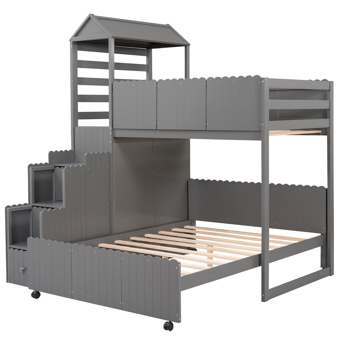 Stairway Bunk Bed, House Bed with Two Shelves and Seven Drawers