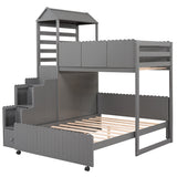Stairway Bunk Bed, House Bed with Two Shelves and Seven Drawers