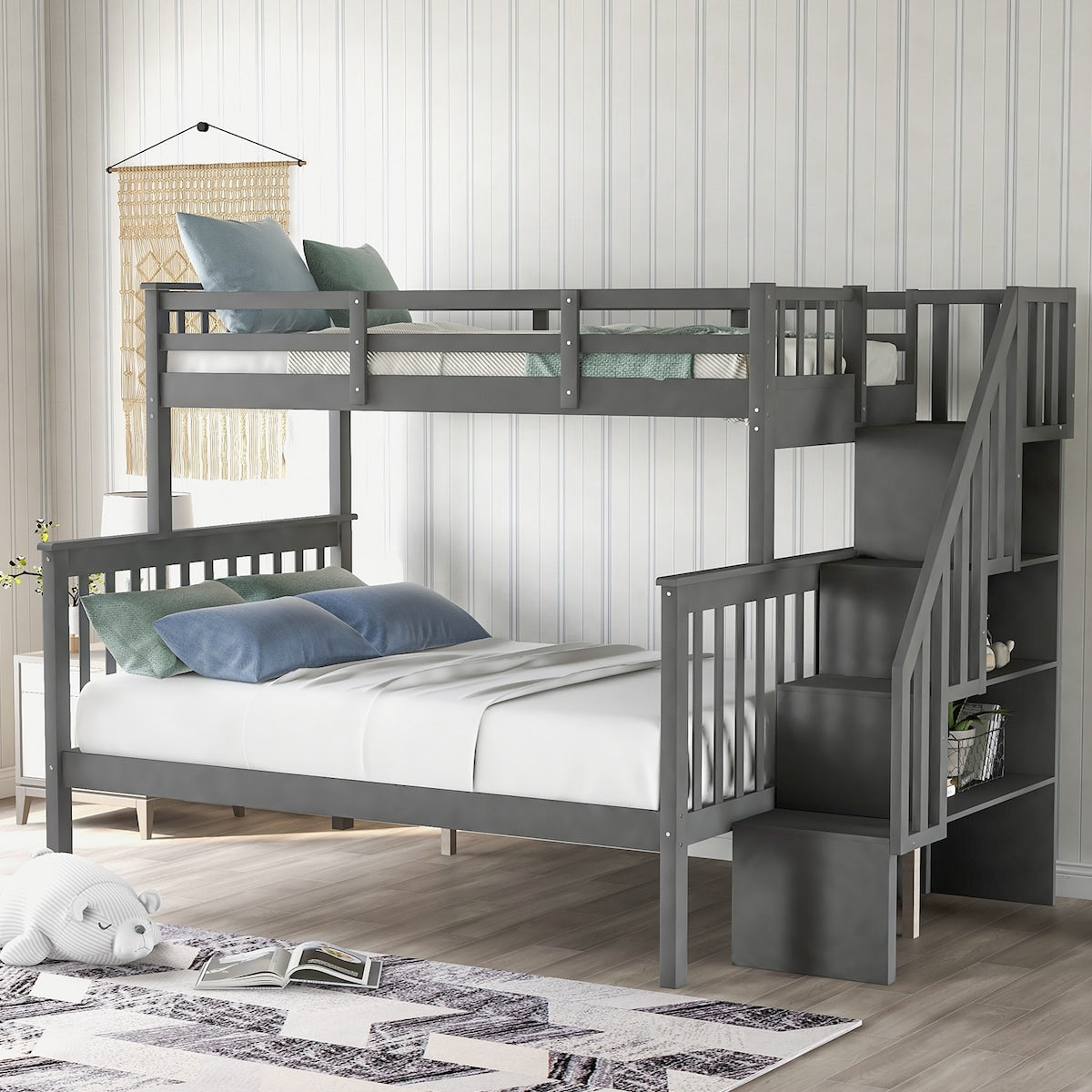 Highly recommended!!!!Stairway Twin-Over-Full Bunk Bed with Storage and Guard Rail for Bedroom