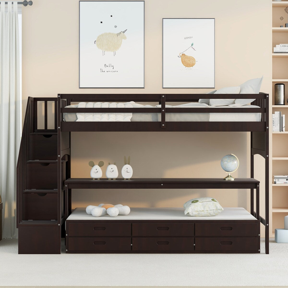 Stairway Twin XL Storage Wood Loft Bed with Twin Trundle / 3 Drawers / Wheeled Writing Desk, 97.8''L*42.4''W*62.5''H, 233LBS