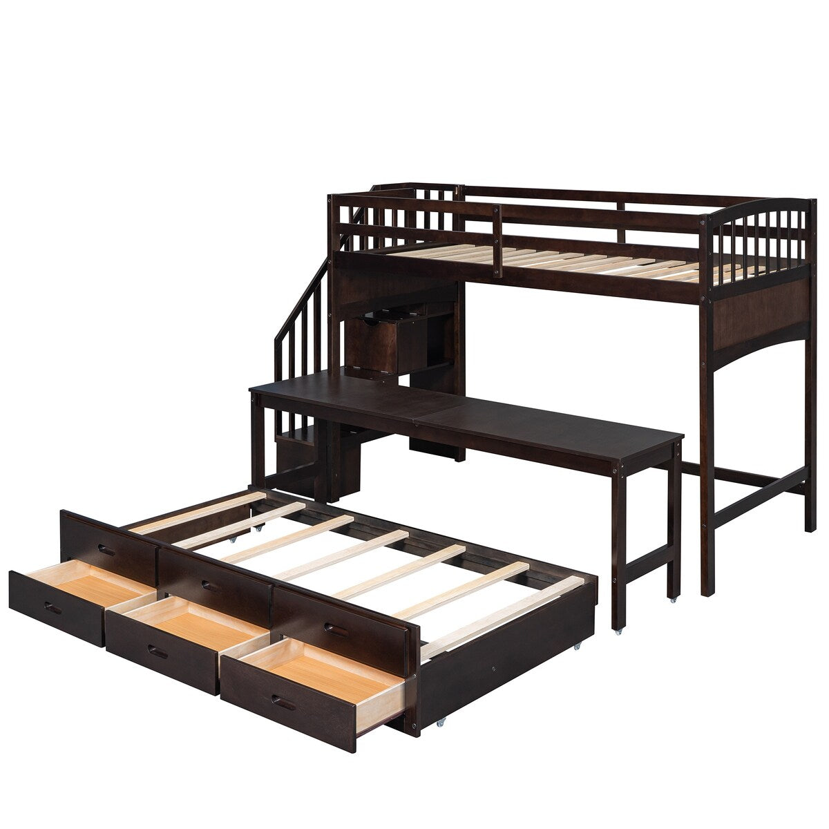 Stairway Twin XL Storage Wood Loft Bed with Twin Trundle / 3 Drawers / Wheeled Writing Desk, 97.8''L*42.4''W*62.5''H, 233LBS